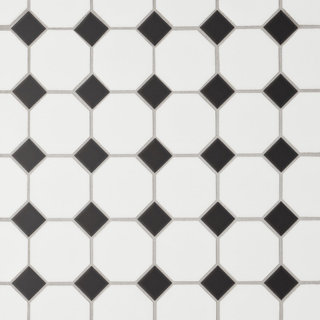 Le Café Octagon Glazed Porcelain Mosaic 11-5/8X11-5/8 White/Black Matte