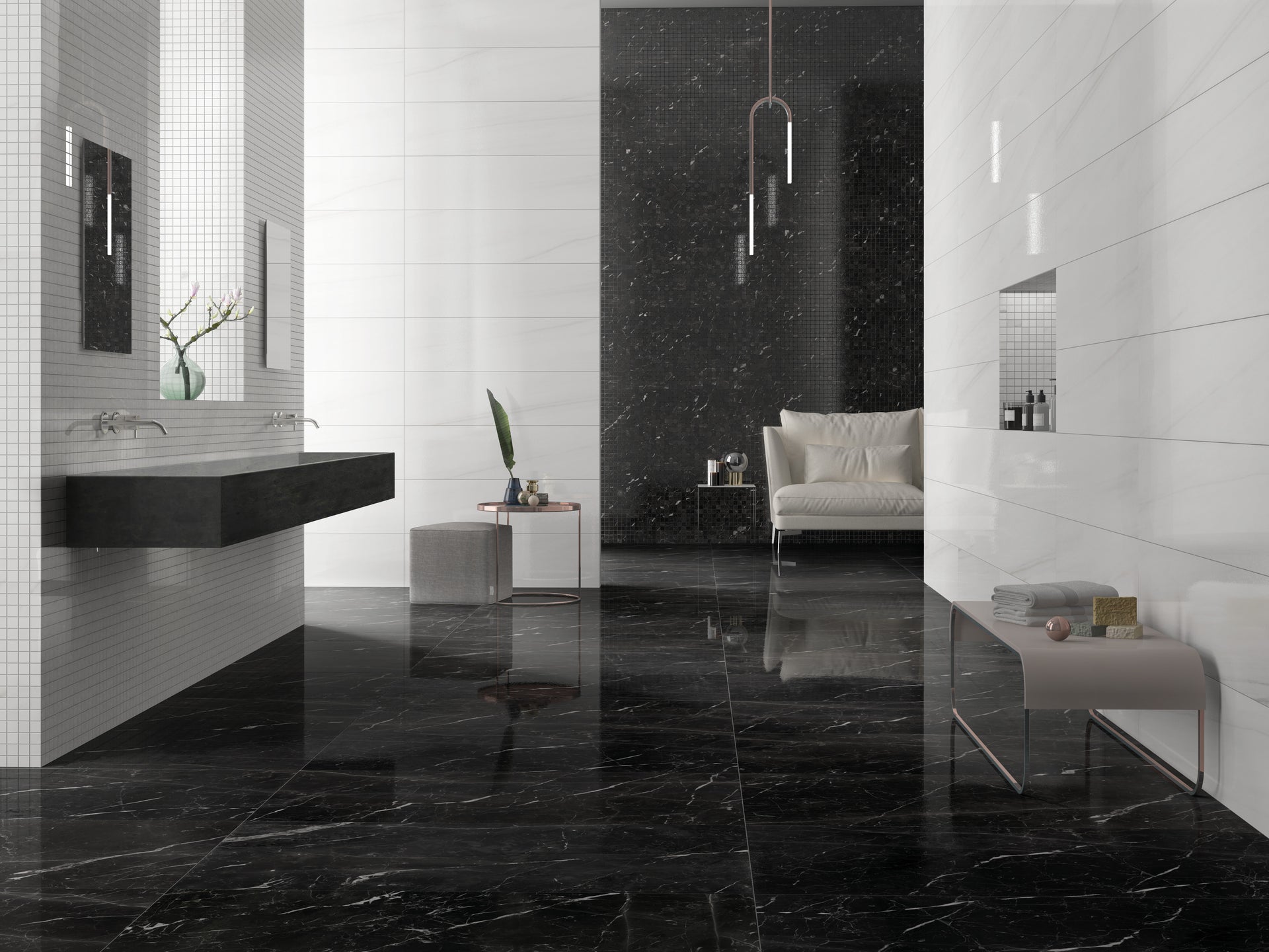 The Marmolab tile collection captures the timeless elegance of marble with a refined aesthetic, perfect for traditional, Art Deco, and mid-century modern interiors