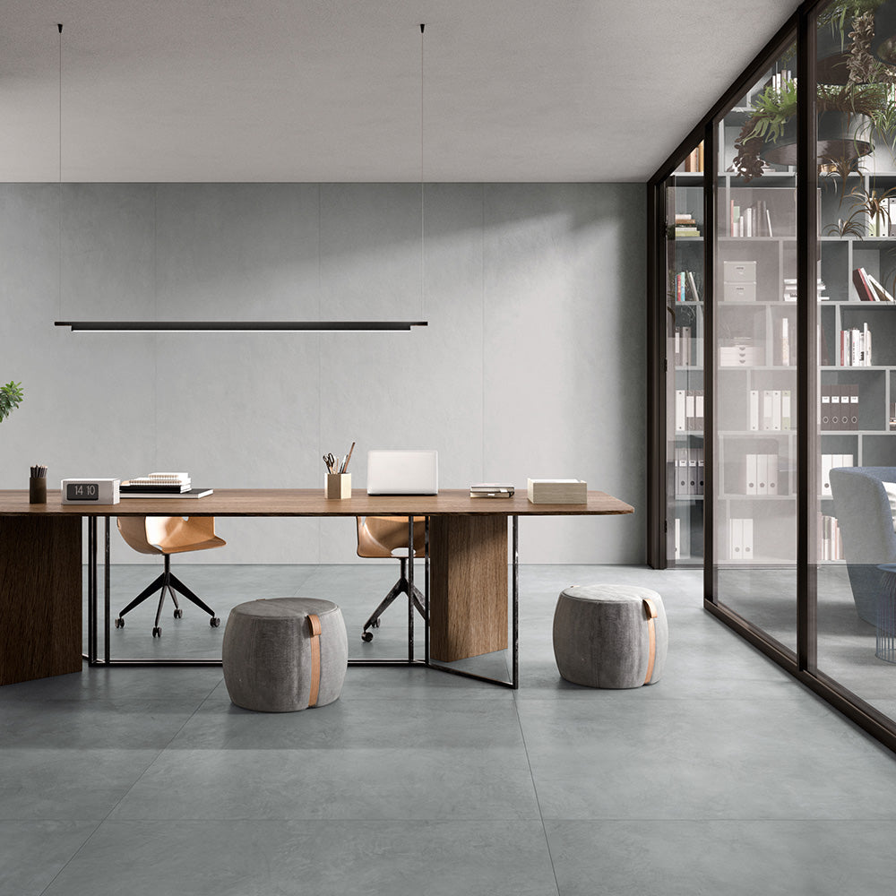 The Creos tile collection offers a sleek concrete look, blending modern, mid-century modern, coastal, Scandinavian, transitional, and minimalist aesthetics.  This collection enhances contemporary interiors with a subtle yet sophisticated urban charm