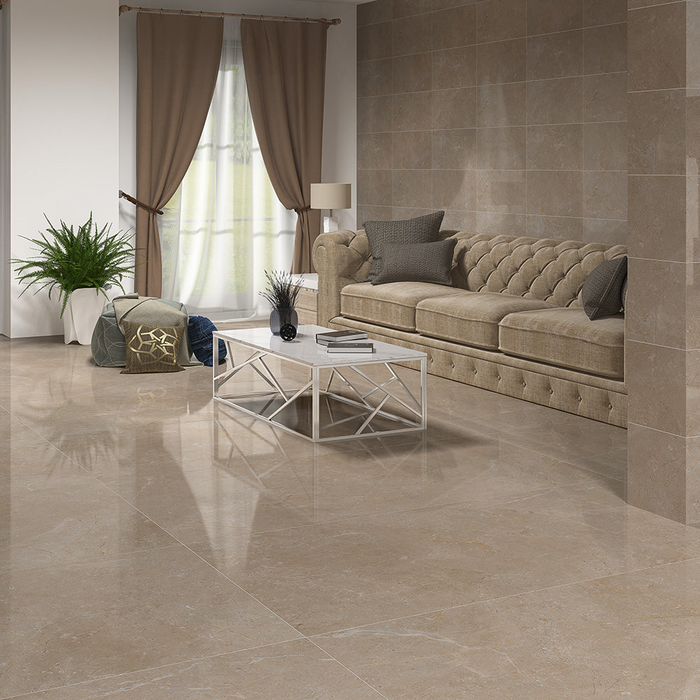 The Polished Stone tile collection showcases a refined marble-inspired look with decorative detailing. Designed for traditional, coastal, Scandinavian, and transitional interiors,
