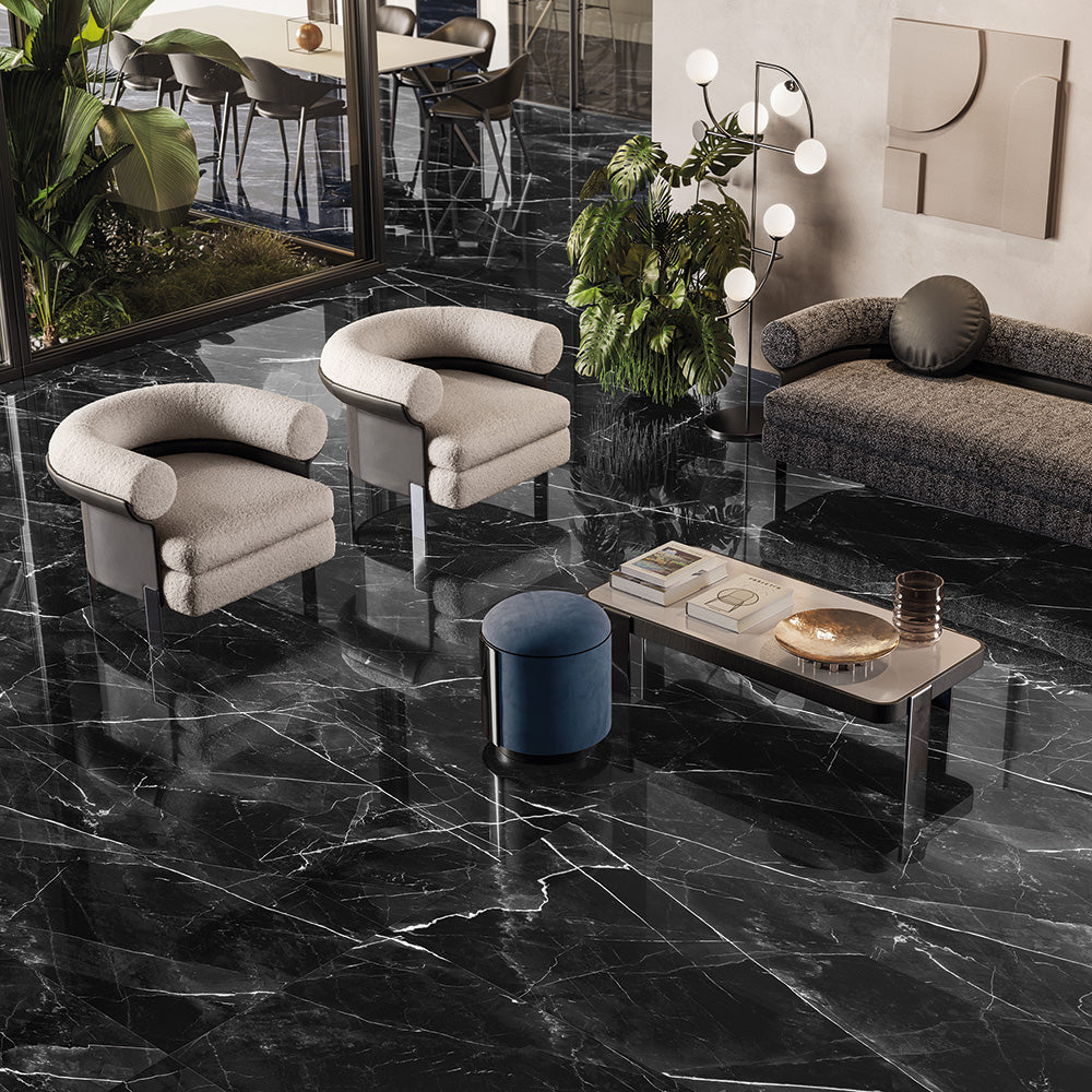 The Tele Di Marmo Revolution collection features luxurious marble-look tiles, combining traditional elegance with a modern edge