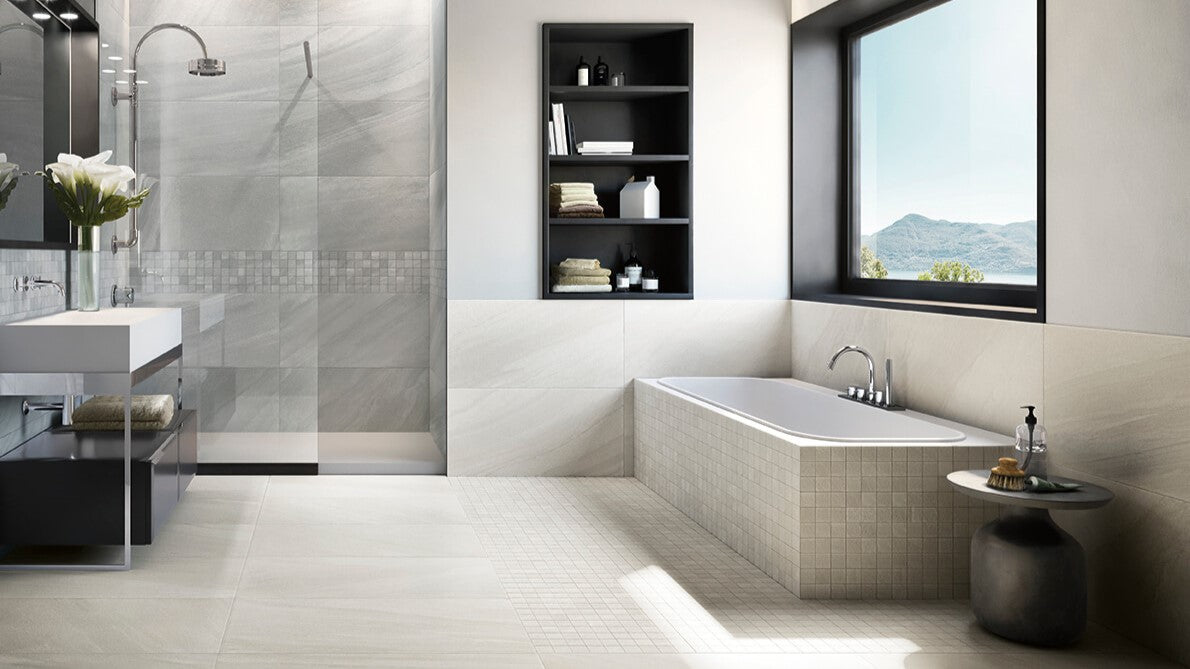 Origin Collection tiles featuring a blend of Traditional, Coastal, and Transitional design elements. These tiles offer a timeless appeal with subtle textures and patterns, ideal for enhancing both classic and modern interiors.