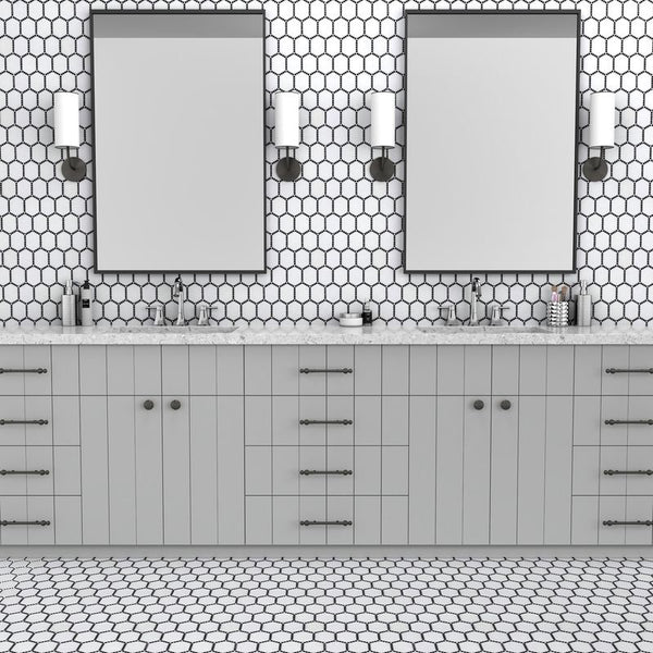 Elevate your space with "The Finish Line" decorative encaustic marble tile, a fusion of classic elegance and contemporary charm