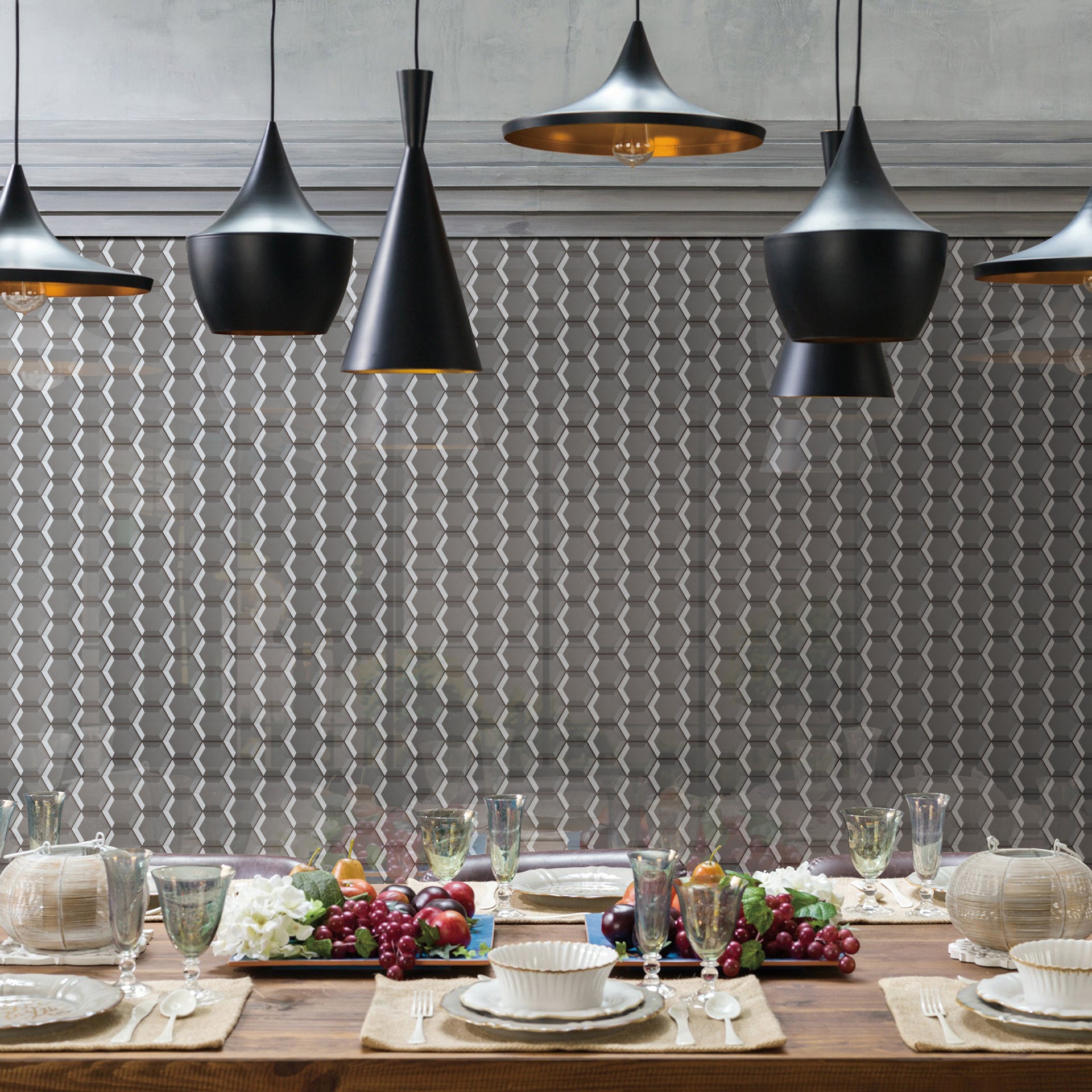 The Bold Glass tile collection showcases a striking fusion of glass and decorative elements, bringing a modern, industrial, and Art