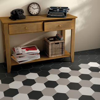 The Hexatile collection features bold, decorative hexagonal tiles that add geometric elegance to modern, industrial, mid-century modern, Art Deco, and minimalist interiors.  This collection enhances walls and floors with a unique, stylish touch
