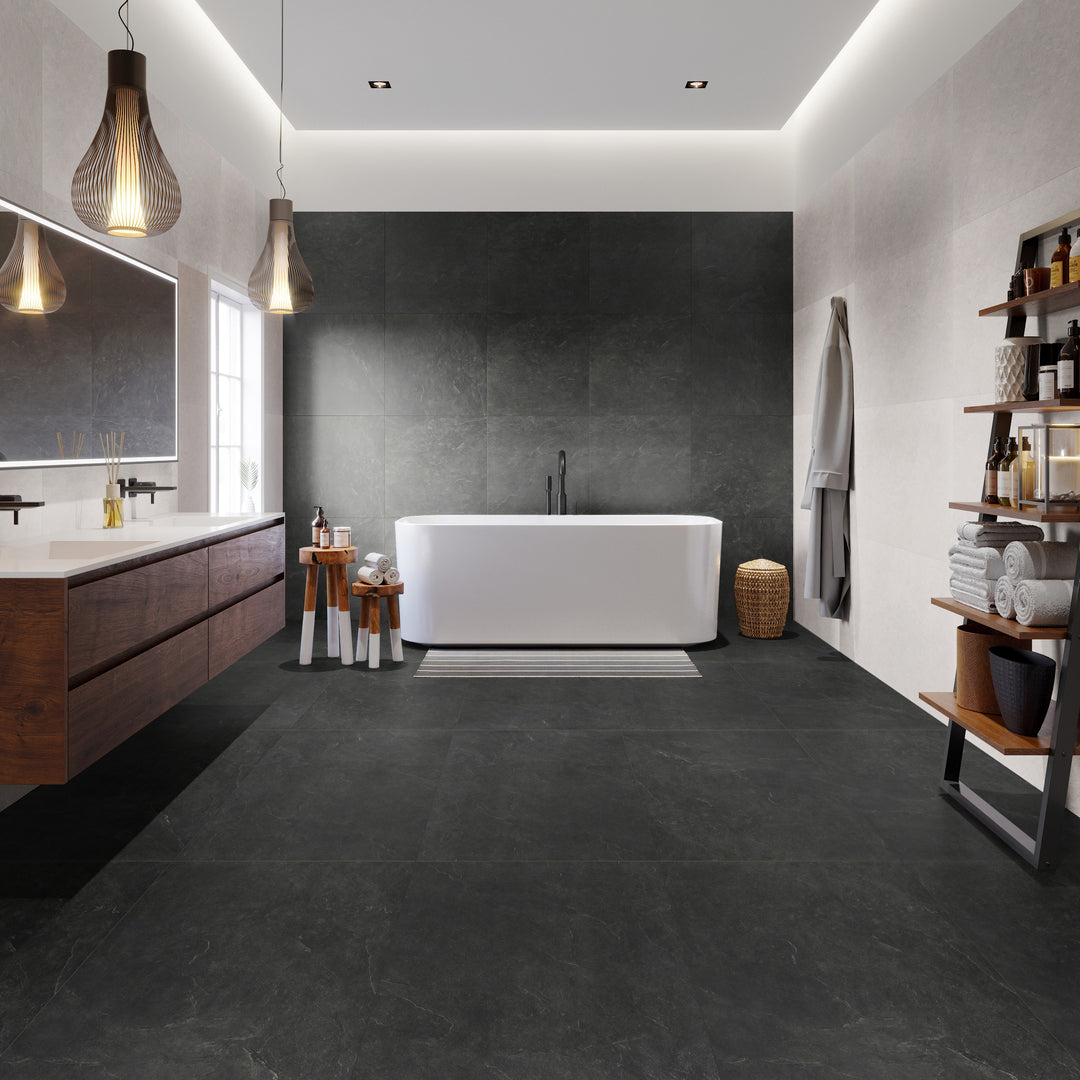 Ash tile collection offers a sophisticated concrete-look design in durable porcelain.  Perfect for contemporary, Scandinavian, and transitional spaces, these tiles create a sleek and versatile foundation for residential and commercial interiors