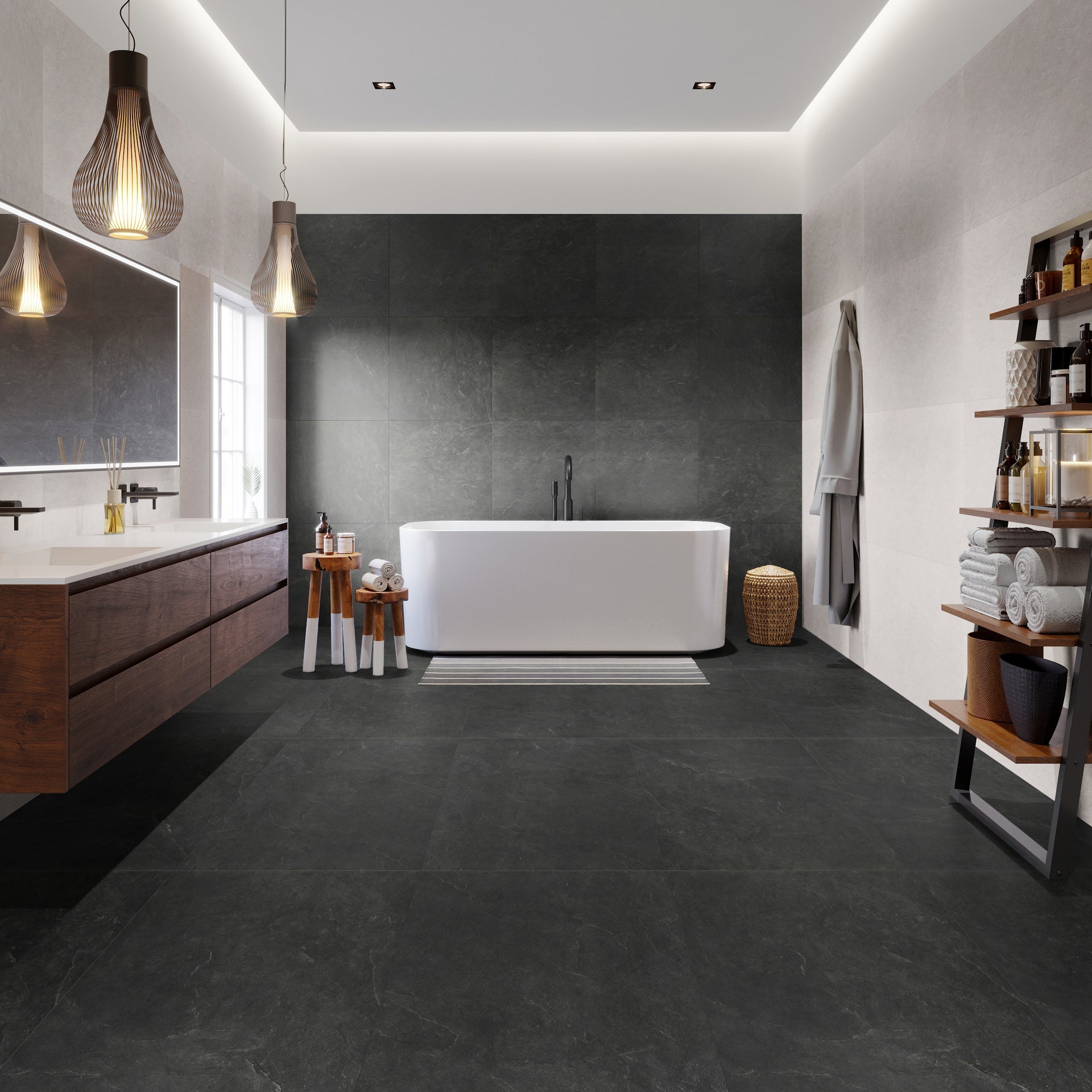Ash tile collection offers a sophisticated concrete-look design in durable porcelain.  Perfect for contemporary, Scandinavian, and transitional spaces, these tiles create a sleek and versatile foundation for residential and commercial interiors