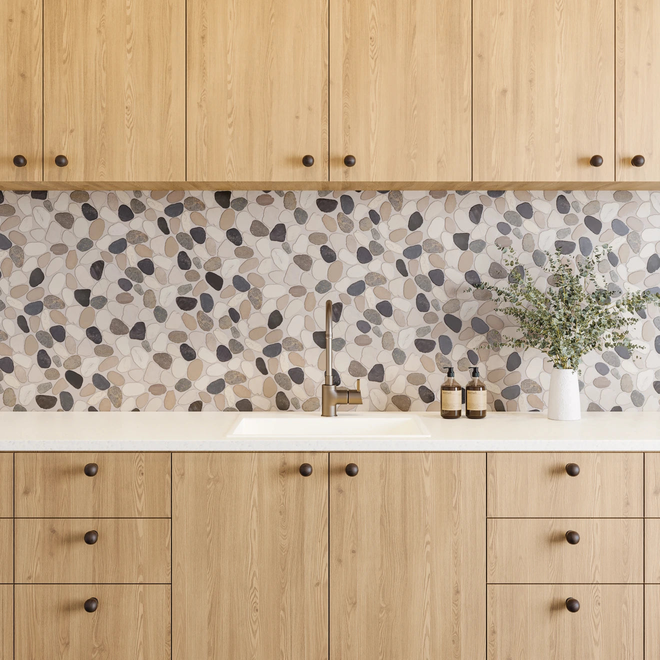 The Waterbrook stone and pebble tile collection is perfect for contemporary, farmhouse, coastal, transitional, and rustic settings, bringing natural elegance indoors.