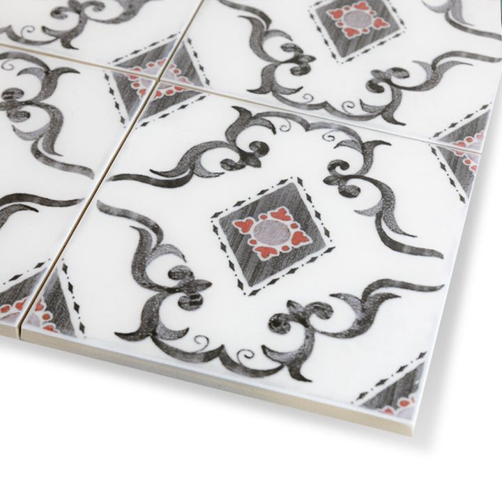 A detailed close-up of Andratx Dragonera Charcoal 6x6 glossy porcelain tile highlights its smooth, reflective surface and deep charcoal hue, enhancing its modern appeal.