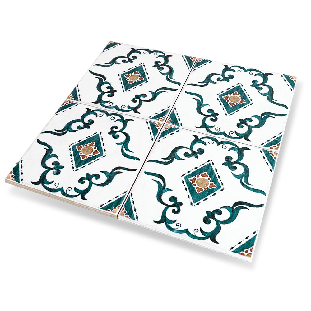 The rich green tones of Andratx Dragonera Green 6x6 glossy porcelain tile come to life in this close-up texture shot, showcasing its high-shine finish and color depth.