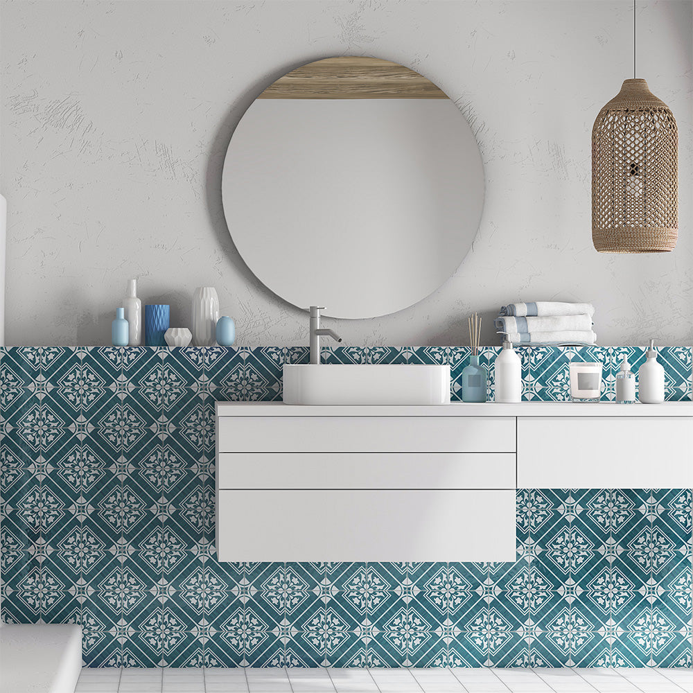 A dynamic room scene featuring Andratx Telmo Green 6X6 glossy porcelain tiles, where rich green tones and a reflective surface bring a refreshing and nature-inspired energy to the space.