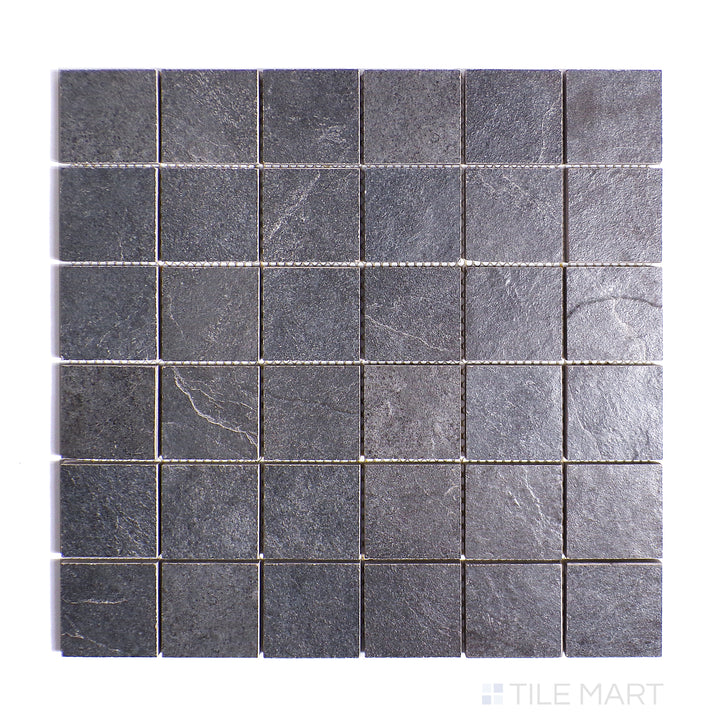 Top-down shot of Ash Black 2" Square Matte Porcelain Mosaic, arranged in a grid pattern with deep black tones and a matte surface.