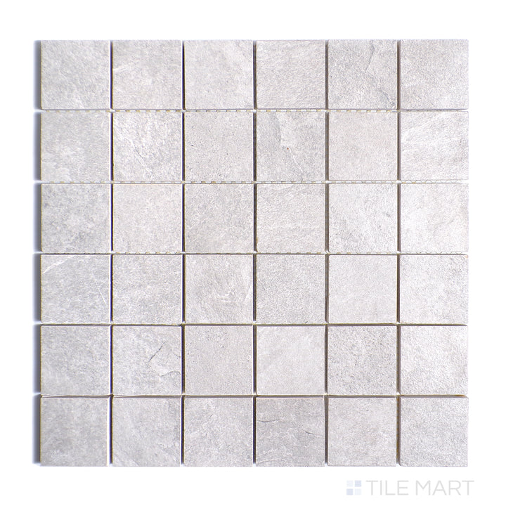 Overhead image of Ash Silver 2" Square Matte Porcelain Mosaic, displaying cool silver hues in a structured mosaic design.