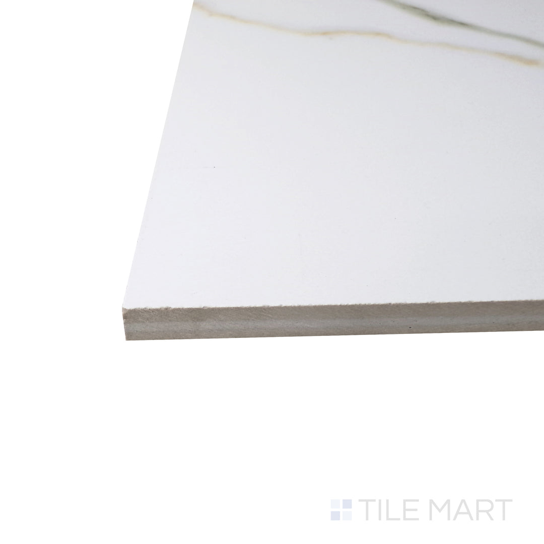 A corner shot of the Aston Gold 48x48 matte porcelain tile reveals its warm golden hues and subtle veining, enhanced by a smooth matte texture for a natural, elegant appeal.