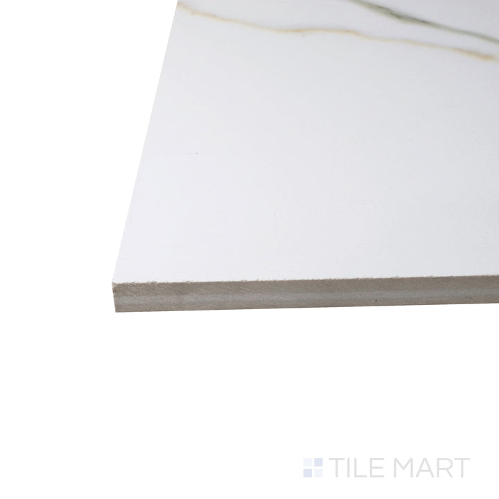 A corner shot of the Aston Gold 48x48 matte porcelain tile reveals its warm golden hues and subtle veining, enhanced by a smooth matte texture for a natural, elegant appeal.