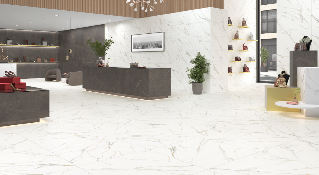A luxurious and warm interior enhanced by Aston Gold 48X48 matte porcelain tiles, radiating a golden hue that brings richness and depth to the scene.