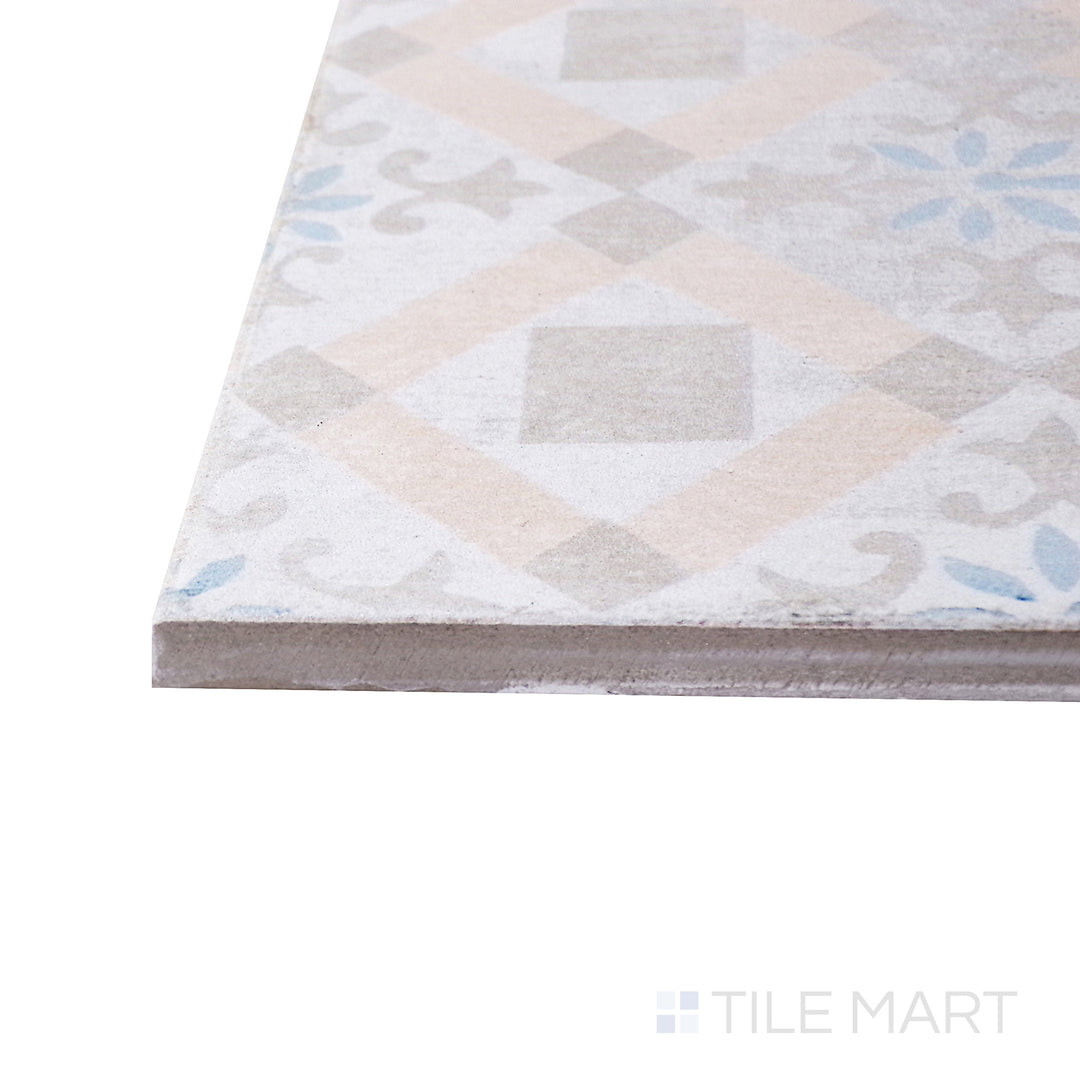 A corner shot of the Barcelona Décor Born 6x6 matte porcelain tile highlights its intricate pattern and soft matte texture, bringing a vintage charm to walls and floors.