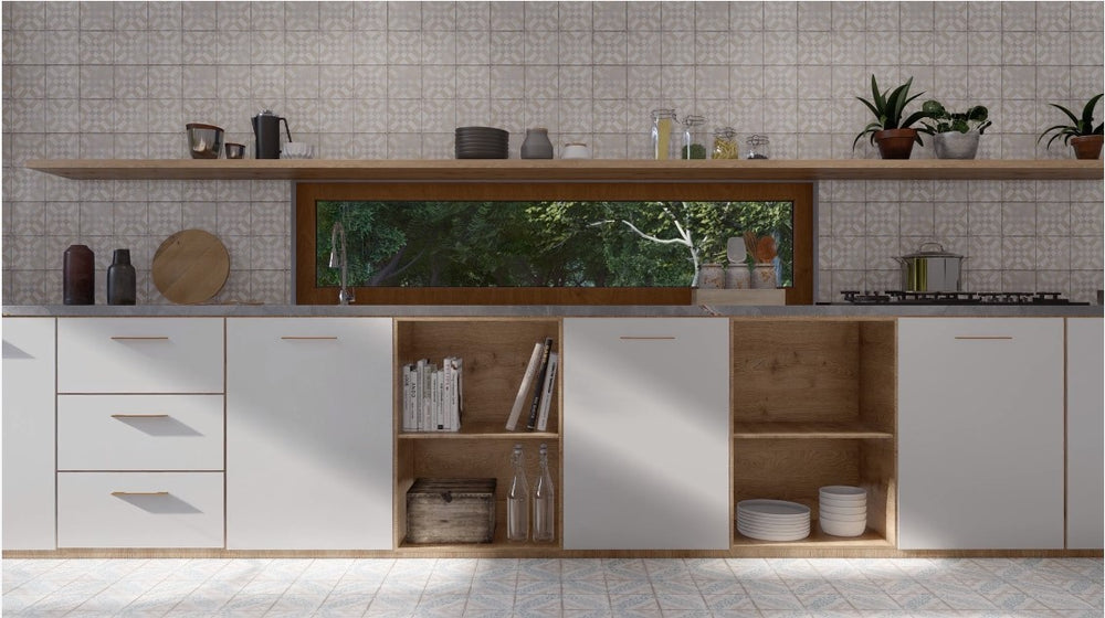 A vibrant and artistic scene featuring Barcelona Décor Born 6X6 matte porcelain tiles, where intricate patterns add personality and a cultural touch.