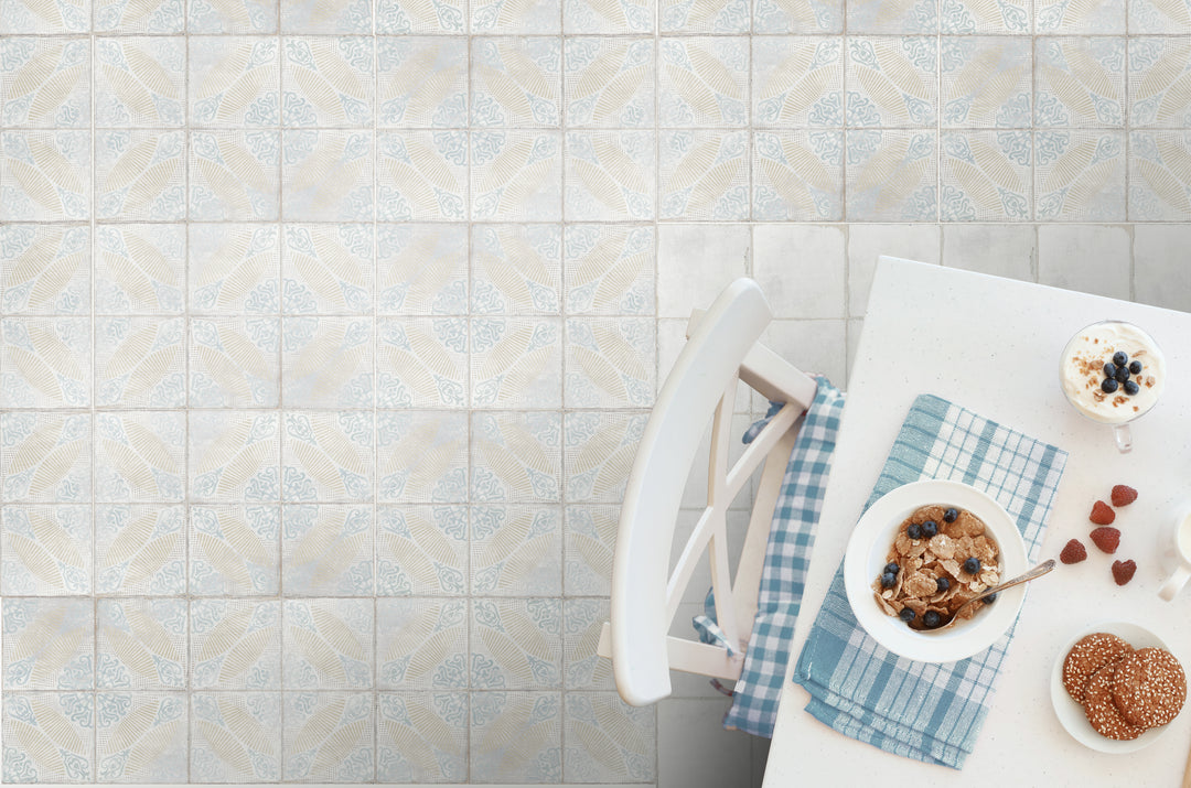 A dynamic and decorative setting showcasing Barcelona Décor Guell 6X6 matte porcelain tiles, inspired by artistic heritage and timeless craftsmanship.