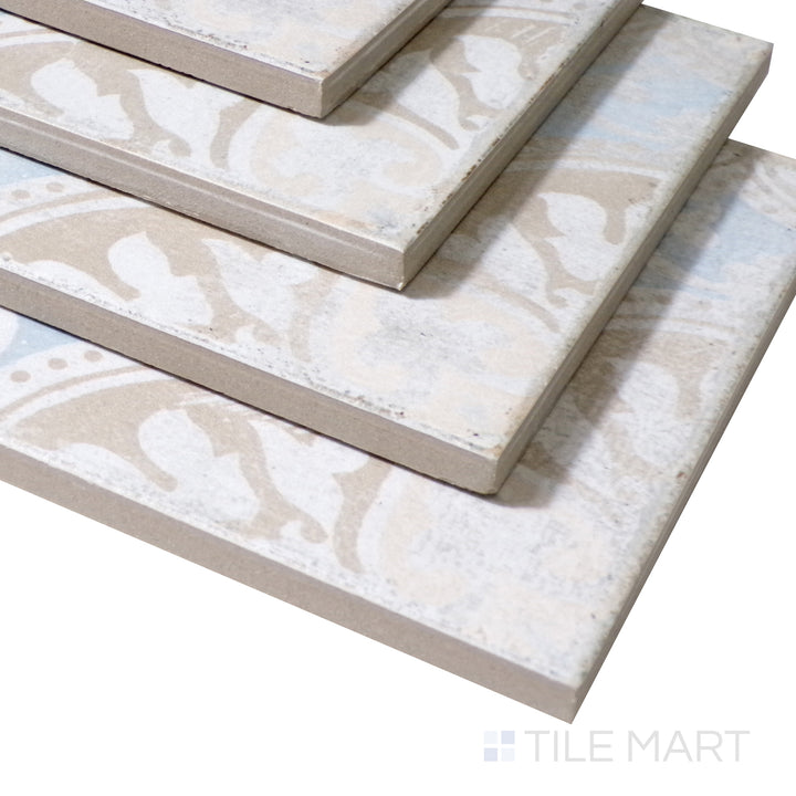 A close-up angle shot captures the essence of this decorative tile, showcasing its classic Barcelona motif in a refined matte finish.