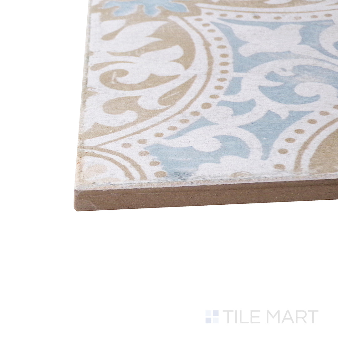 A corner perspective of the Barcelona Décor Montjuic 6x6 matte porcelain tile emphasizes its delicate detailing and smooth matte finish, perfect for adding character to any space.