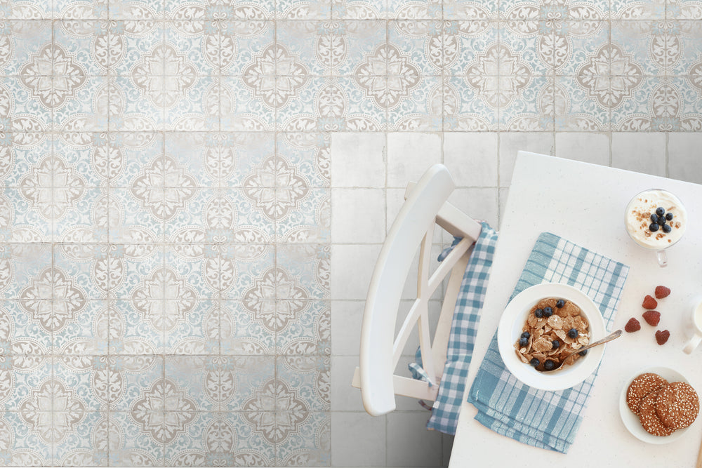 An expressive space brought to life with Barcelona Décor Montjuic 6X6 matte porcelain tiles, merging classic artistry with contemporary styling.