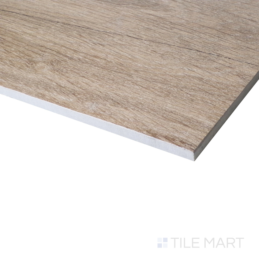 From a side perspective, the honey-toned porcelain plank exudes warmth, with its realistic wood grain details.