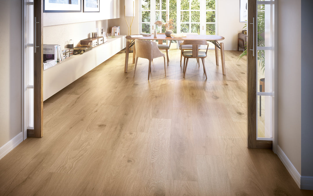 A cozy and organic ambiance enriched by Century Wood Look Honey 9.84X59.1 matte porcelain tiles, radiating golden tones that enhance the warmth of the space.