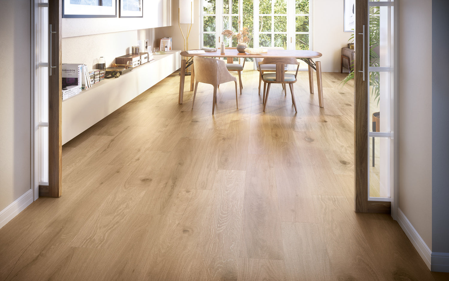 A cozy and organic ambiance enriched by Century Wood Look Honey 9.84X59.1 matte porcelain tiles, radiating golden tones that enhance the warmth of the space.