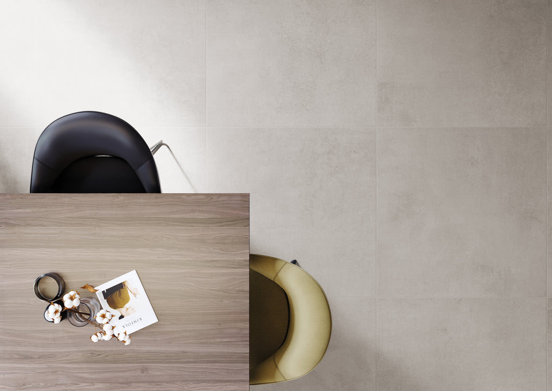 A warm and inviting scene with Concrete Beige 48X48 matte porcelain, blending neutral tones for a refined, contemporary setting.