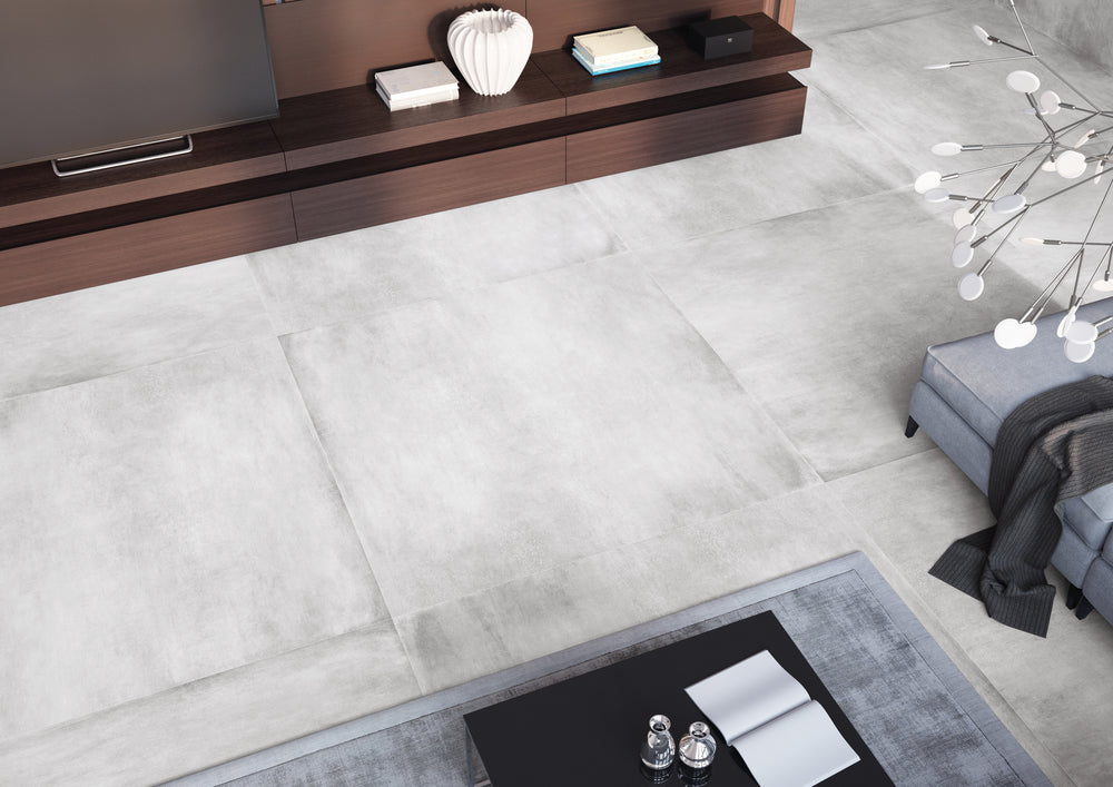 A stylish showcase of Concrete Gray 48X48 matte porcelain, offering a balanced mix of sophistication and urban charm.