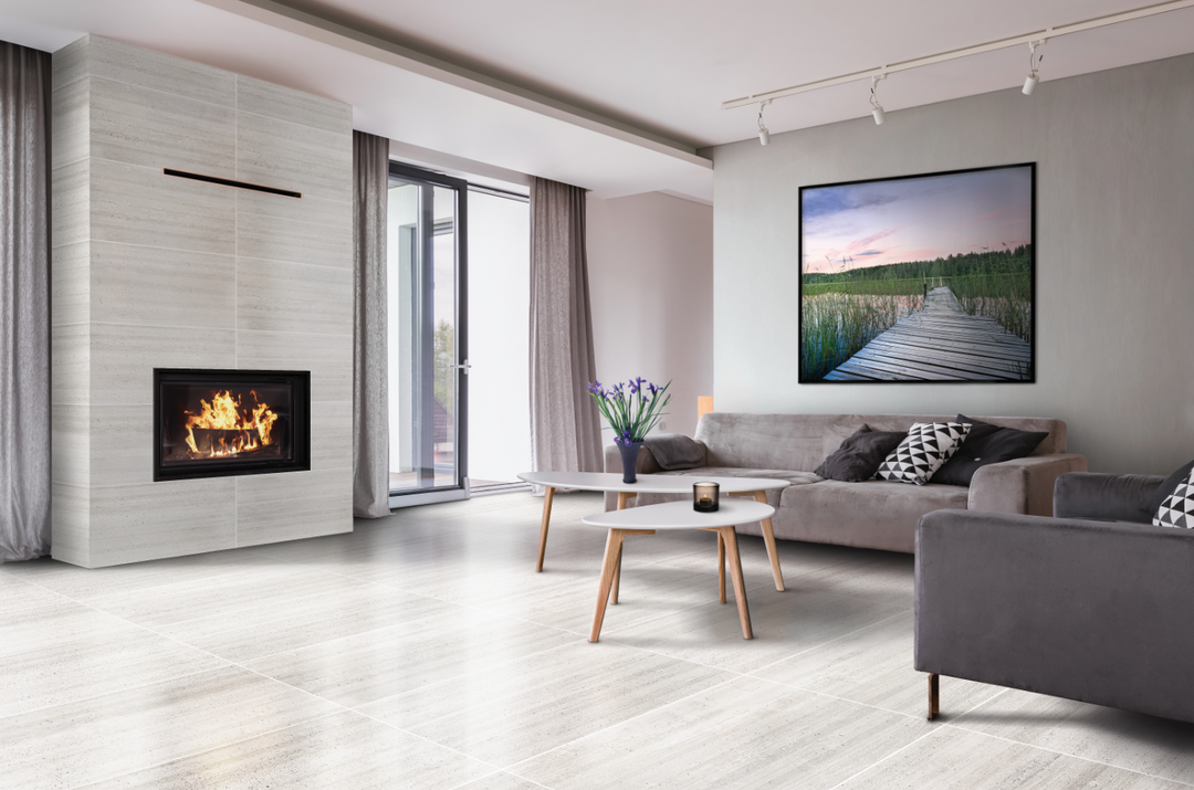 A contemporary lifestyle setting showcasing Ecocrete Melted Ice honed porcelain, offering a sleek and sophisticated look.