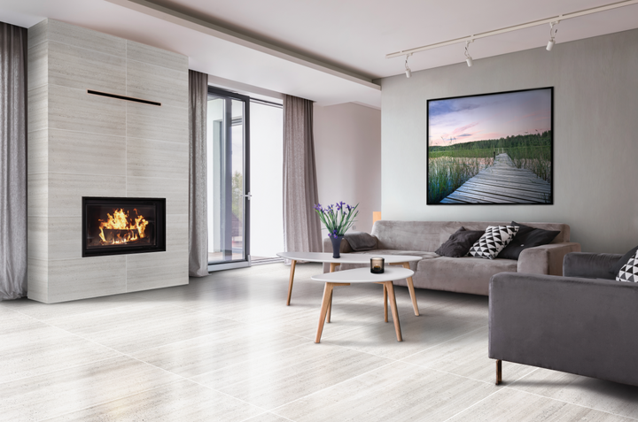 A contemporary lifestyle setting showcasing Ecocrete Melted Ice honed porcelain, offering a sleek and sophisticated look.