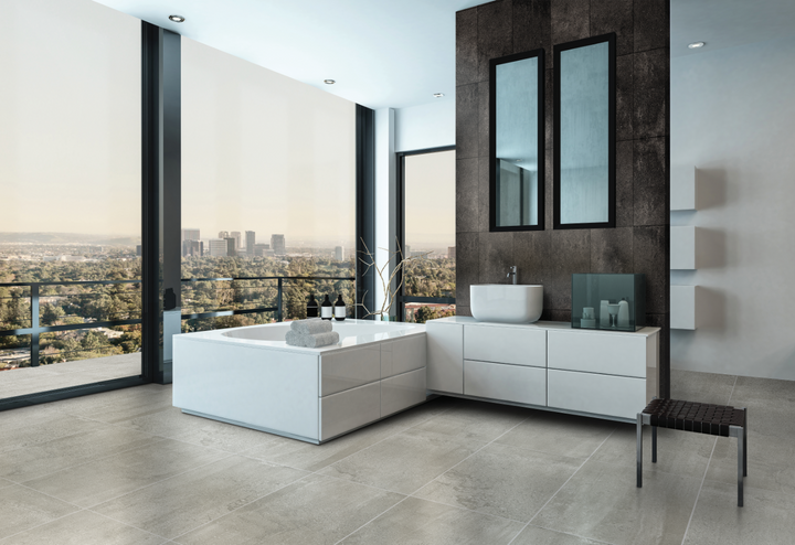 A natural-inspired lifestyle image with Ecocrete Sage honed porcelain, harmonizing earthy textures with modern aesthetics.