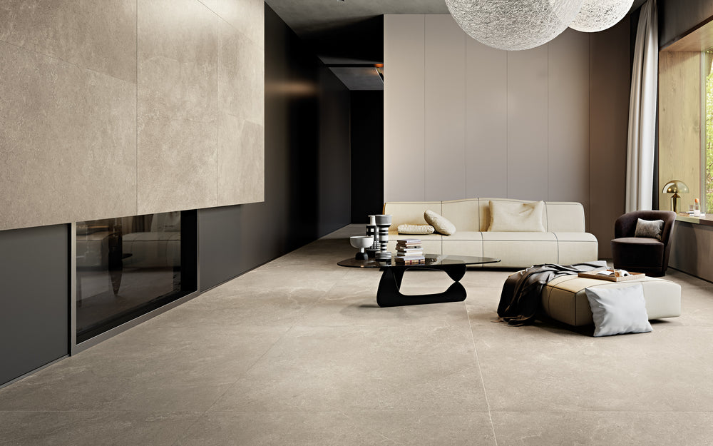 A warm and inviting lifestyle setting featuring Epika Almond matte porcelain, blending soft, neutral tones with modern sophistication.