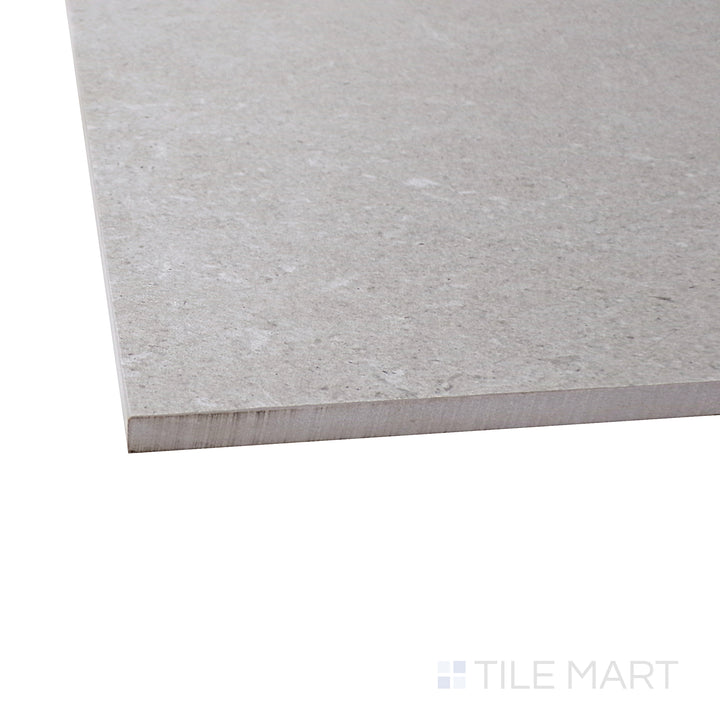 A corner perspective of the Epika Pearl 48x48 matte porcelain tile emphasizes its soft, pearl-inspired shade and smooth matte finish, adding a touch of elegance to large-scale applications.