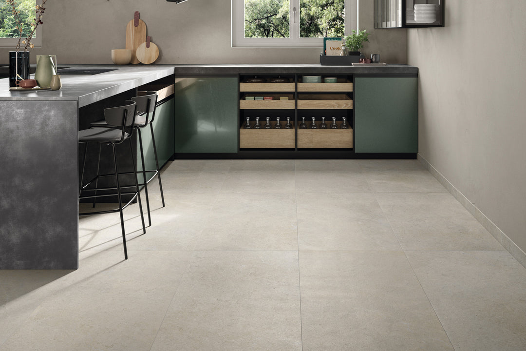 A contemporary space highlighted by Epika Shell matte porcelain, bringing soft, earthy hues for a balanced and elegant aesthetic.