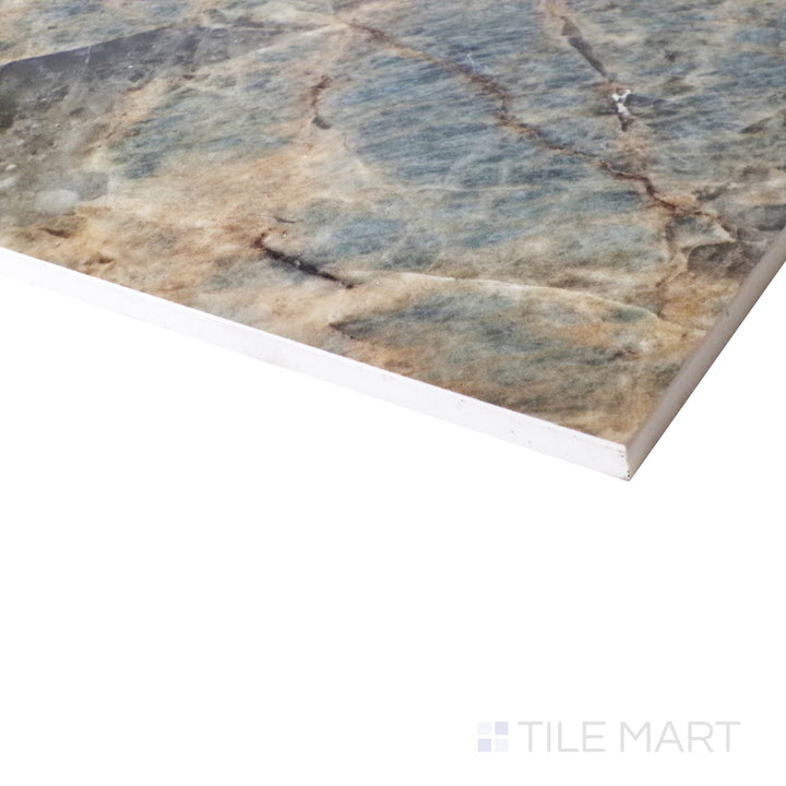 A sleek, high-gloss surface reflects the light beautifully in this angled shot, showcasing the luxurious Amazzonite veining.