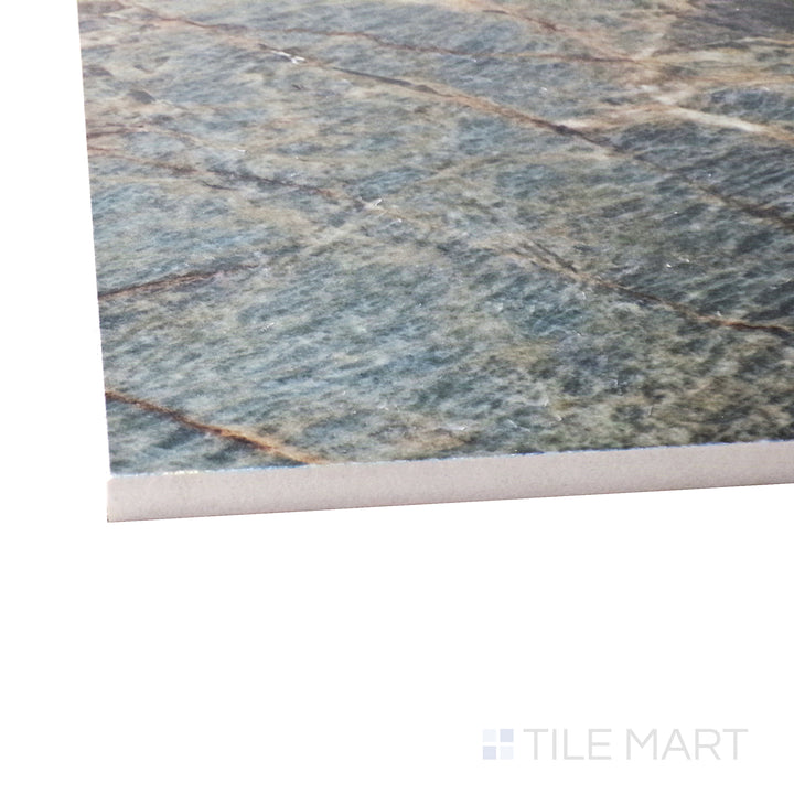 A corner shot of the Exotic Stone Cosmopolitan Amazzonite 24x48 polished porcelain tile highlights its rich greenish-blue tones and luxurious polished finish, adding a striking focal point to interiors.