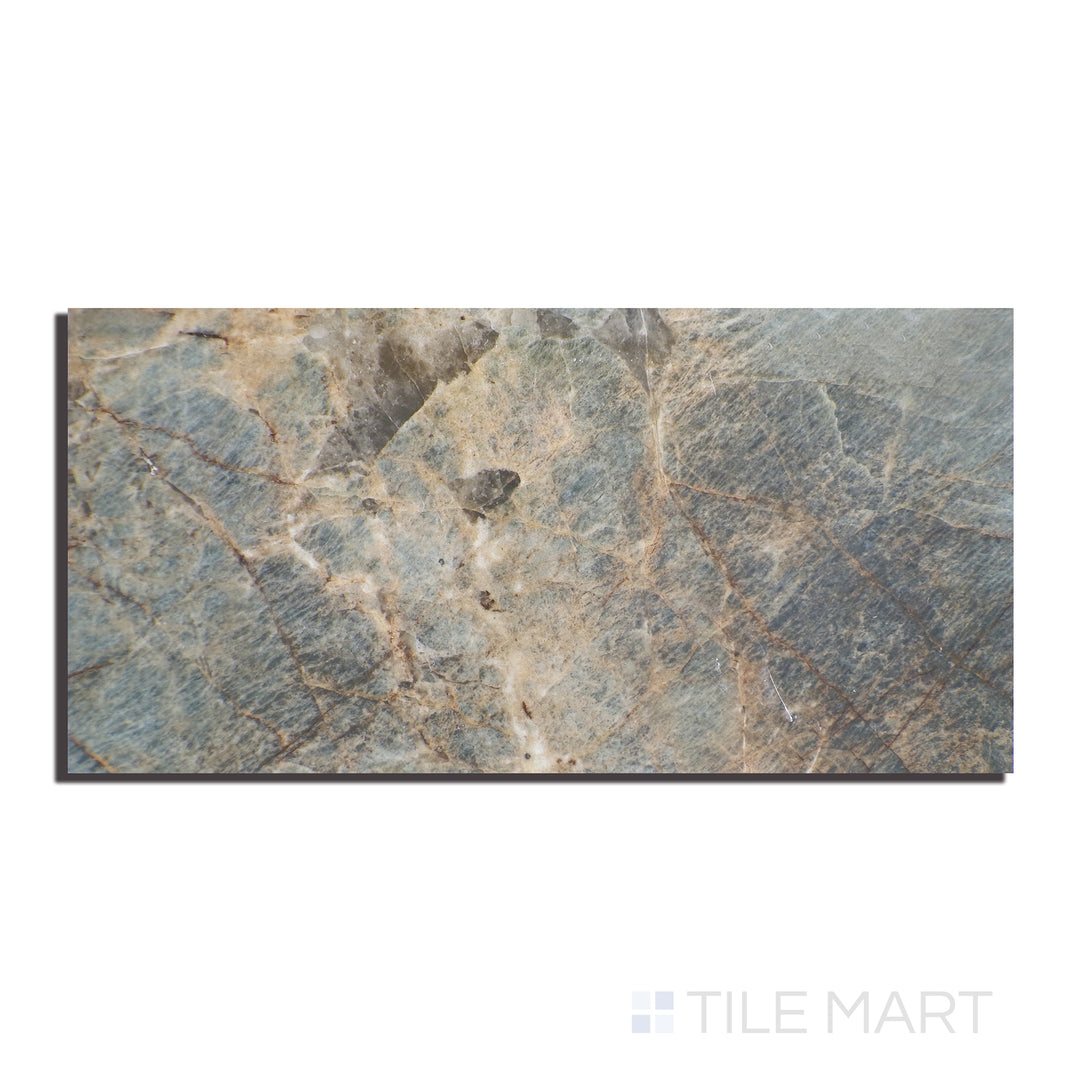 Close-up shot of Exotic Stone Cosmopolitan Amazzonite 24X48 Polished Porcelain, showcasing striking blue-green veining with a polished surface for a luxurious effect.