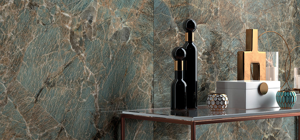 A luxurious lifestyle scene with Exotic Stone Cosmopolitan Amazzonite polished porcelain, exuding a rich, natural stone aesthetic.