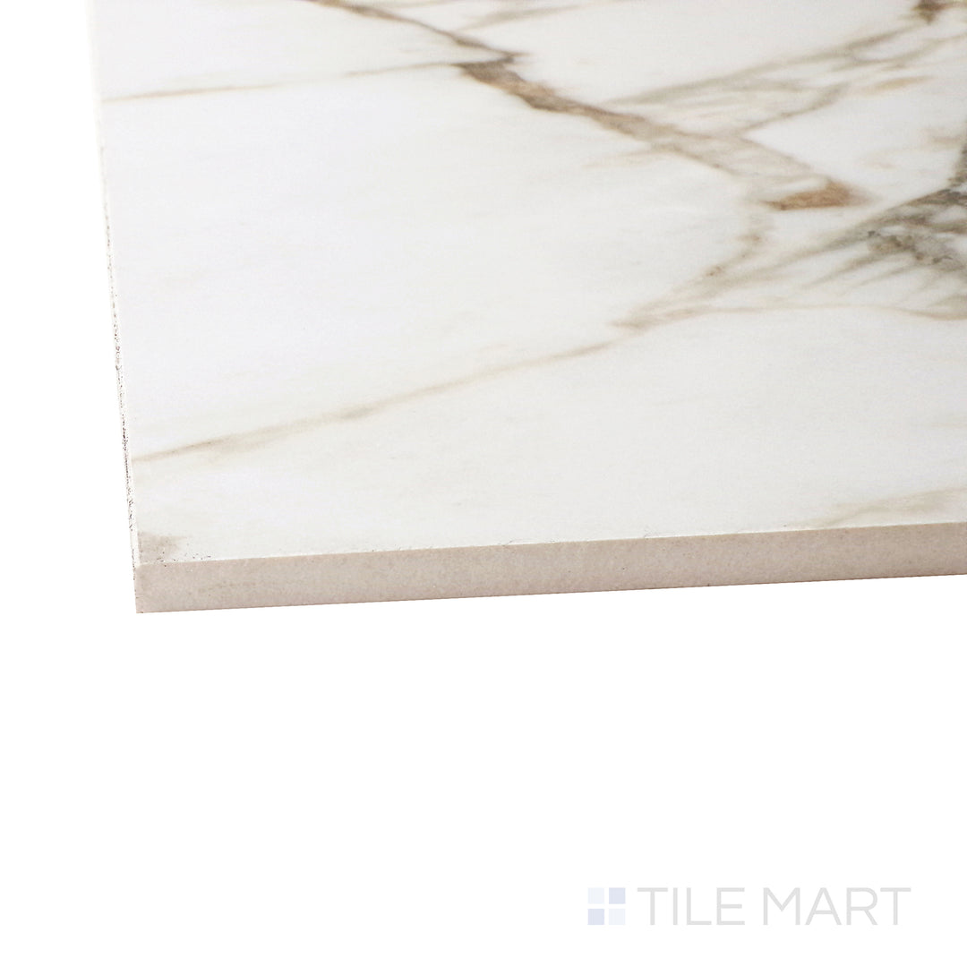 Captured from a corner angle, the Exotic Stone Cosmopolitan Arabescato 24x48 polished porcelain tile showcases its elegant white base with dramatic gray veining, delivering a high-end marble look.