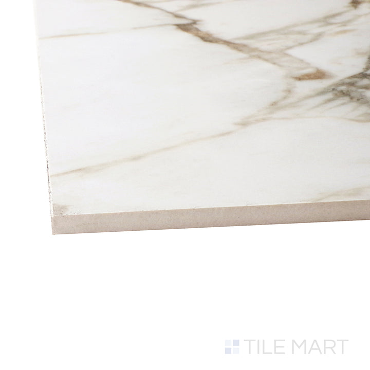 Captured from a corner angle, the Exotic Stone Cosmopolitan Arabescato 24x48 polished porcelain tile showcases its elegant white base with dramatic gray veining, delivering a high-end marble look.
