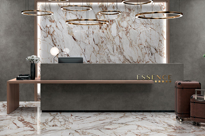 An elegant lifestyle image featuring Exotic Stone Cosmopolitan Arabescato polished porcelain, elevating interiors with its marble-like veining.