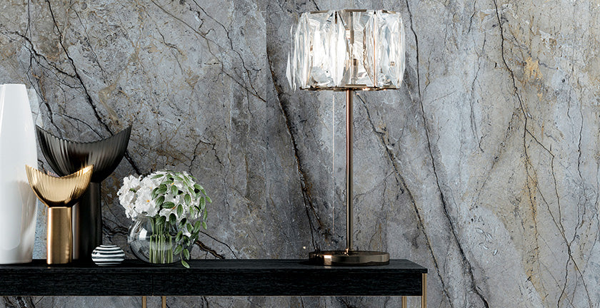 A refined atmosphere captured with Exotic Stone Cosmopolitan Mystic Grey polished porcelain, adding depth and subtle sophistication.