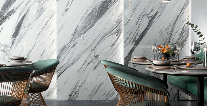A lifestyle setting showcasing the opulent beauty of Exotic Stone Cosmopolitan Statuario Fantastico polished porcelain, perfect for timeless elegance.