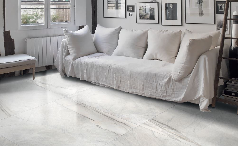 A contemporary lifestyle composition featuring Exotic Stone Da Vinci White polished porcelain, merging classic charm with modern aesthetics.