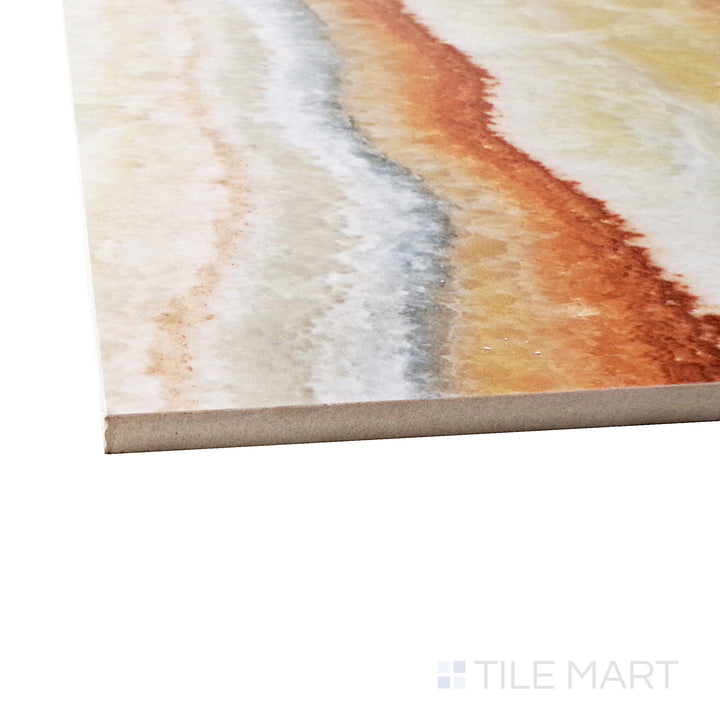 A corner shot of the Exotic Stone Onice Fantastico 24x48 polished porcelain tile highlights its exquisite onyx-inspired veining and polished finish, making a bold and luxurious statement.