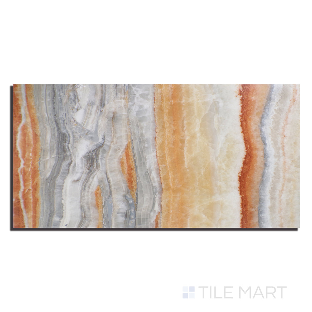 Overhead image of Exotic Stone Onice Fantastico 24X48 Polished Porcelain, displaying rich onyx-like details with dramatic veining and a polished sheen.