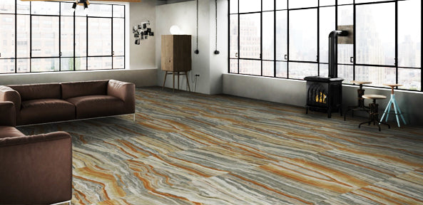 A bold lifestyle image with Exotic Stone Onice Fantastico polished porcelain, showcasing dynamic veining for an expressive design.
